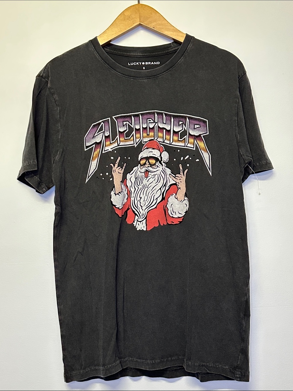 Lucky Brand Black Short-Sleeve Sleigher Tee with Red & White Santa size small